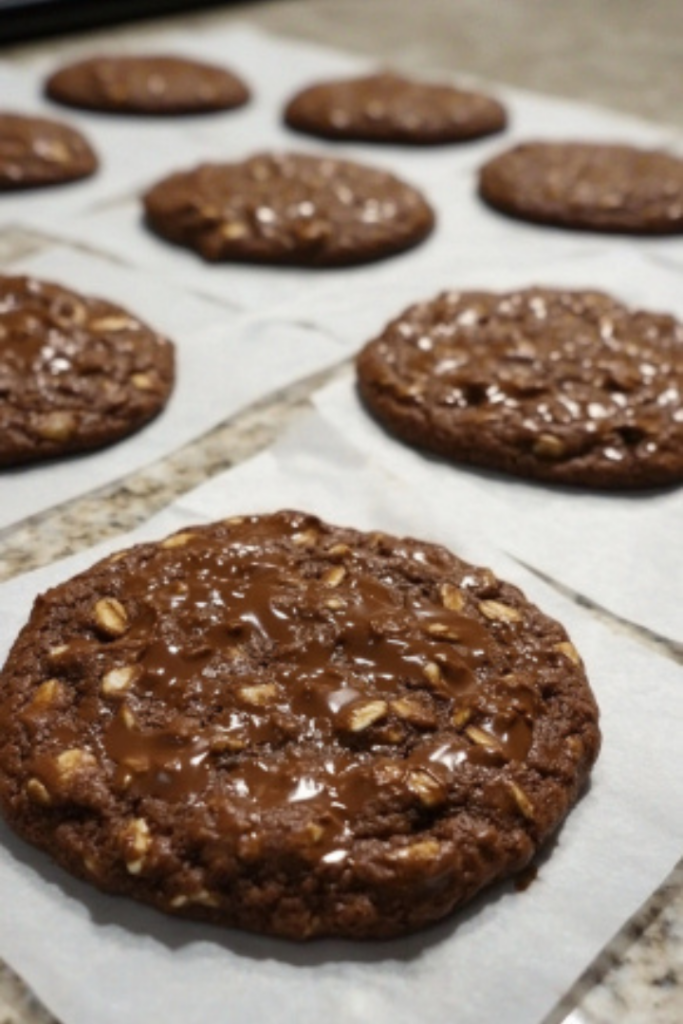 A batch of perfectly set no-bake cookies rests on waxed paper on the white marble cooktop. The cookies have a rich, chocolatey sheen, with visible oats and a smooth texture. A few cookies are stacked nearby, inviting a delicious taste.