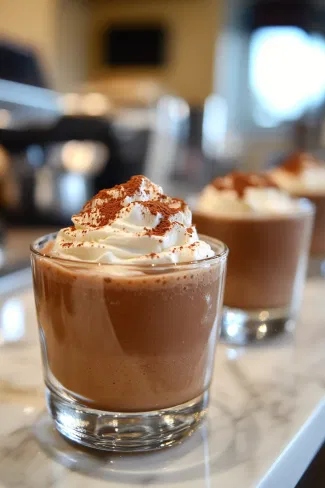 The smoothie in a serving glass on the white marble countertop, topped with whipped cream and dusted with dark cocoa powder for a luxurious touch.