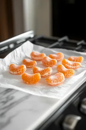 Peeled clementines with their bright orange segments neatly arranged on a paper towel, set on the white marble cooktop, prepared for the recipe.