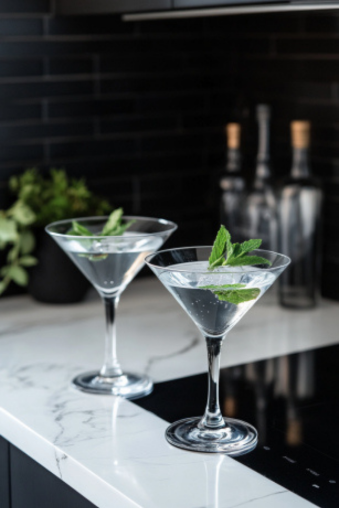 The two martini glasses, now filled with the freshly prepared cocktail, are ready to be enjoyed on the white marble cooktop. The peppermint garnish adds an inviting touch, enhancing the refreshing, minty experience.