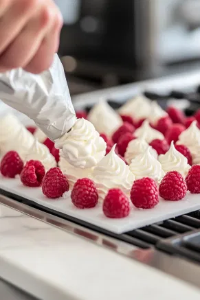 A piping bag filled with meringue swirling from the base to the top of the raspberry domes on the white marble cooktop, covering them in decorative, snowy peaks.