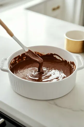 The pudding batter is being poured into the greased baking dish on the white marble cooktop, with the surface leveled for even baking.