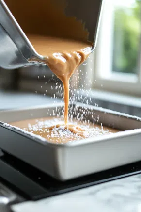 Cake batter being poured into a prepared loaf pan on the white marble cooktop, with a light sprinkle of sanding sugar on top for added texture.