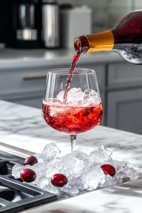 The glass on the white marble cooktop as cranberry juice, Aperol, and Prosecco are poured over the ice, creating a vibrant, layered look.