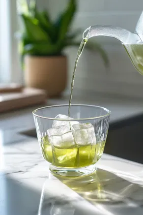 A glass filled with ice cubes is positioned on the white marble cooktop as the creamy, green tea mixture is poured over, creating a refreshing layered effect.