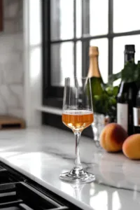 A Champagne flute on the white marble countertop being filled with 2 ounces of peach nectar, establishing the vibrant base of the drink.