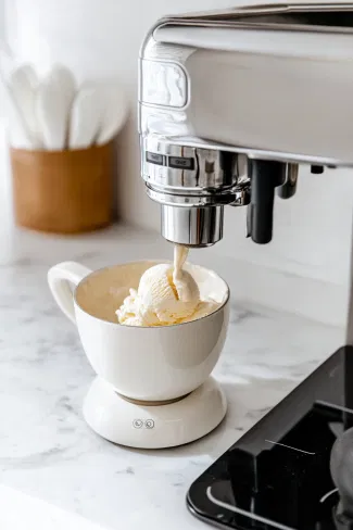 The creamy mixture being poured into an ice cream maker on the white marble countertop, prepared for churning.