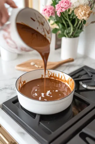 Glossy chocolate ganache being poured over the caramel layer on the white marble countertop, finished with decorative swirls and a sprinkle of sea salt flakes.