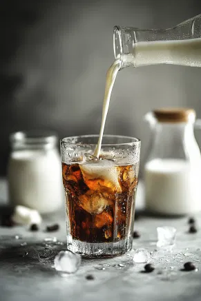 Milk being poured into a glass of iced coffee on a white marble surface, with a small milk jug and coffee jar visible in the background.