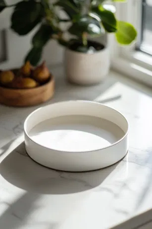 An 8-inch round cake tin on the white marble cooktop is prepared, greased and lined with a double layer of parchment paper, ready to hold the dense fruit cake batter.