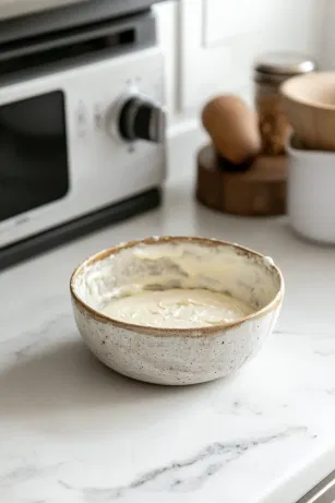 A greased and flour-dusted 1-liter pudding basin sits on the white marble cooktop, prepared for the batter. In the background, the oven is preheating to 170°C (340°F).