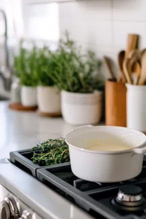 A pudding basin on the white marble cooktop, greased with softened butter, ready to hold the pudding mixture and ensure easy release after steaming.