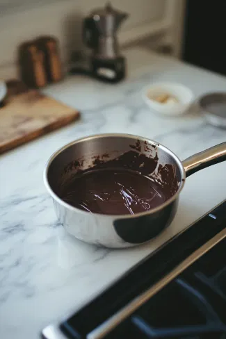 Dark chocolate is melting in a small saucepan on the white marble cooktop, combined with the remaining espresso, creating a glossy and rich chocolate sauce.