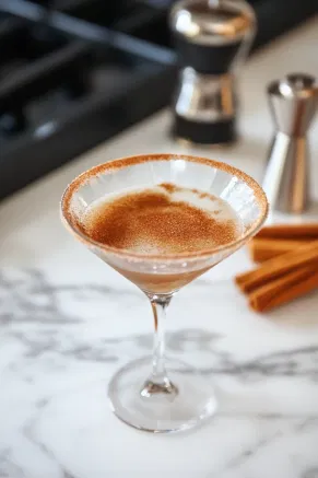 A shallow bowl on a white marble countertop with sugar and cinnamon being mixed together, ready to coat the rim of a martini glass.