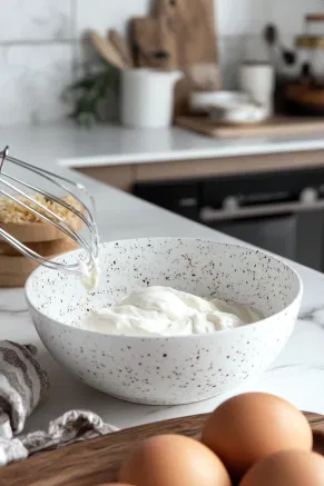 A large mixing bowl sits on the white marble cooktop, filled with softened cream cheese, lemon juice, vanilla, and sugar. A handheld mixer blends the ingredients until smooth, then two cups of whipped cream are gently folded in, resulting in a creamy, velvety mixture.