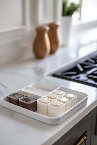 A separate tray of ice cube molds on the white marble countertop filled with sweetened cream, prepared for freezing alongside the coffee cubes.