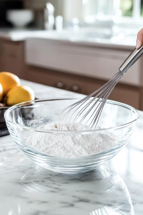 A medium glass mixing bowl on the white marble cooktop contains flour, baking soda, baking powder, and a pinch of salt. A whisk is blending the dry ingredients into a smooth, even mixture.