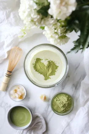 A blender sits on the white marble cooktop, accompanied by vanilla soy milk, matcha powder, and a sweetener, all prepped for making a refreshing green tea drink.