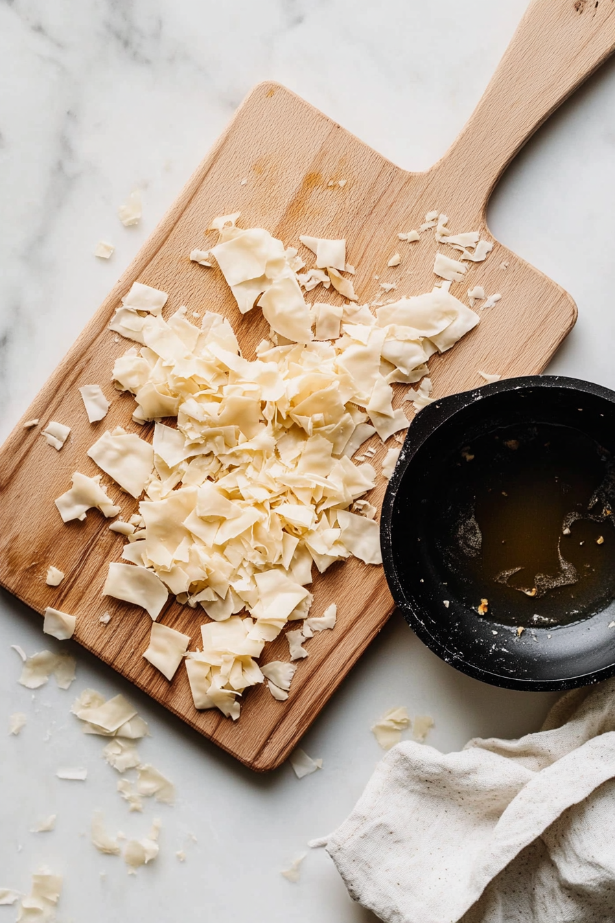 Place the kataifi (phyllo dough) on a cutting board and chop into smaller pieces.