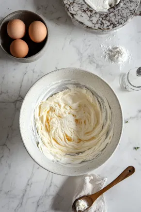 A second mixing bowl on the white marble cooktop, with heavy cream, vanilla extract, and ¼ cup of sugar being beaten to medium peaks. Mascarpone is added and gently stirred until the mixture is smooth, ready to be combined with the egg yolks.