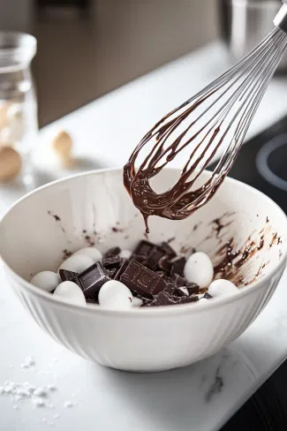 A mixing bowl sits on the white marble cooktop, with egg whites and a pinch of salt whisked to stiff peaks. Gradually, caster sugar is added, making the meringue glossy and thick. Cocoa powder, red wine vinegar, and grated dark chocolate are gently folded into the mixture, adding richness and flavor.