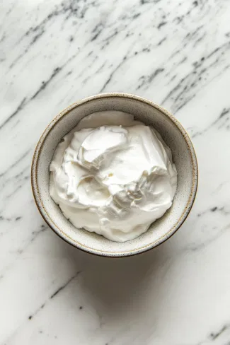 A mixing bowl on the white marble cooktop shows egg whites whisked to stiff peaks. Caster sugar is being added gradually to create a glossy meringue, with a dash of white wine vinegar added to help stabilize the topping.