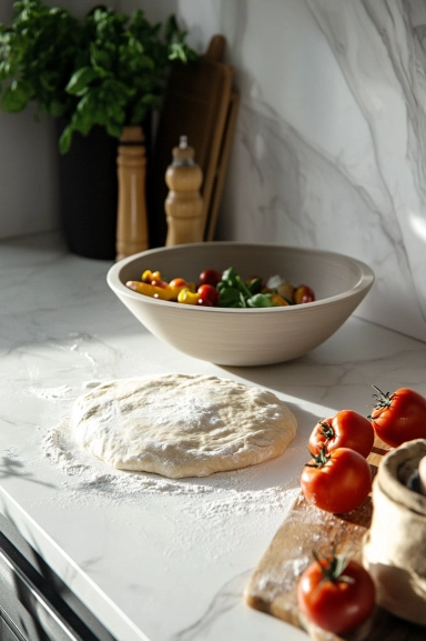 A floured surface on a white marble cooktop with pizza dough being kneaded and shaped into a round disk, ready for use in a deep-dish pizza