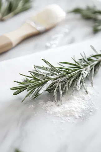 A sprig of rosemary on the white marble countertop being brushed with egg white, then coated in granulated sugar, drying on a sheet of parchment paper.