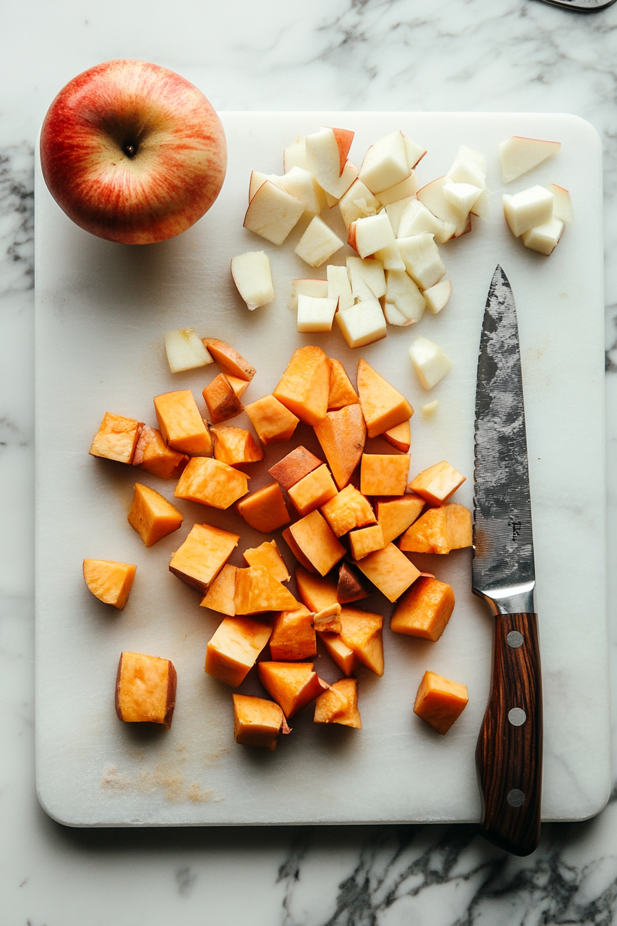 Cutting board on a white marble cooktop with sweet potatoes and apples being peeled and chopped into 1-inch cubes. A knife, peels, and neatly chopped cubes are visible, ready for the next step.