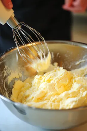 A large mixing bowl rests on the white marble cooktop, containing softened butter and brown sugar being creamed together with a handheld mixer. An egg, milk, molasses, and vanilla are added, creating a slightly textured blend, well-mixed and fragrant.