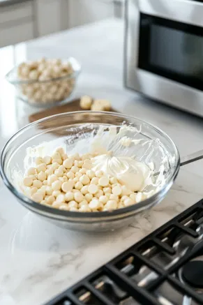 A bowl on a white marble cooktop containing white chocolate chips, heavy cream, and peppermint extract being mixed, with a microwave visible in the background.