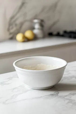 A mixing bowl sits on the white marble cooktop with flour, sugar, and baking powder already combined. Soya milk, sunflower oil, lemon zest, and juice have been added, creating a smooth, pale yellow batter. The batter is poured into a lined 20cm x 20cm baking tin, ready to go into the oven.