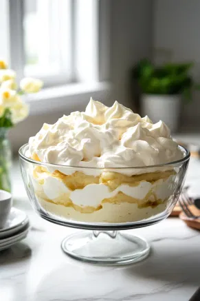 A bowl on the white marble cooktop contains vegan double cream whipped to soft peaks. This fluffy cream is spread evenly over the set custard layer in the trifle dish, creating a smooth, creamy top layer.