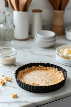 A tart tin on a white marble countertop with crushed biscuit crumbs mixed with melted butter, evenly pressed into the base and sides, ready for baking.