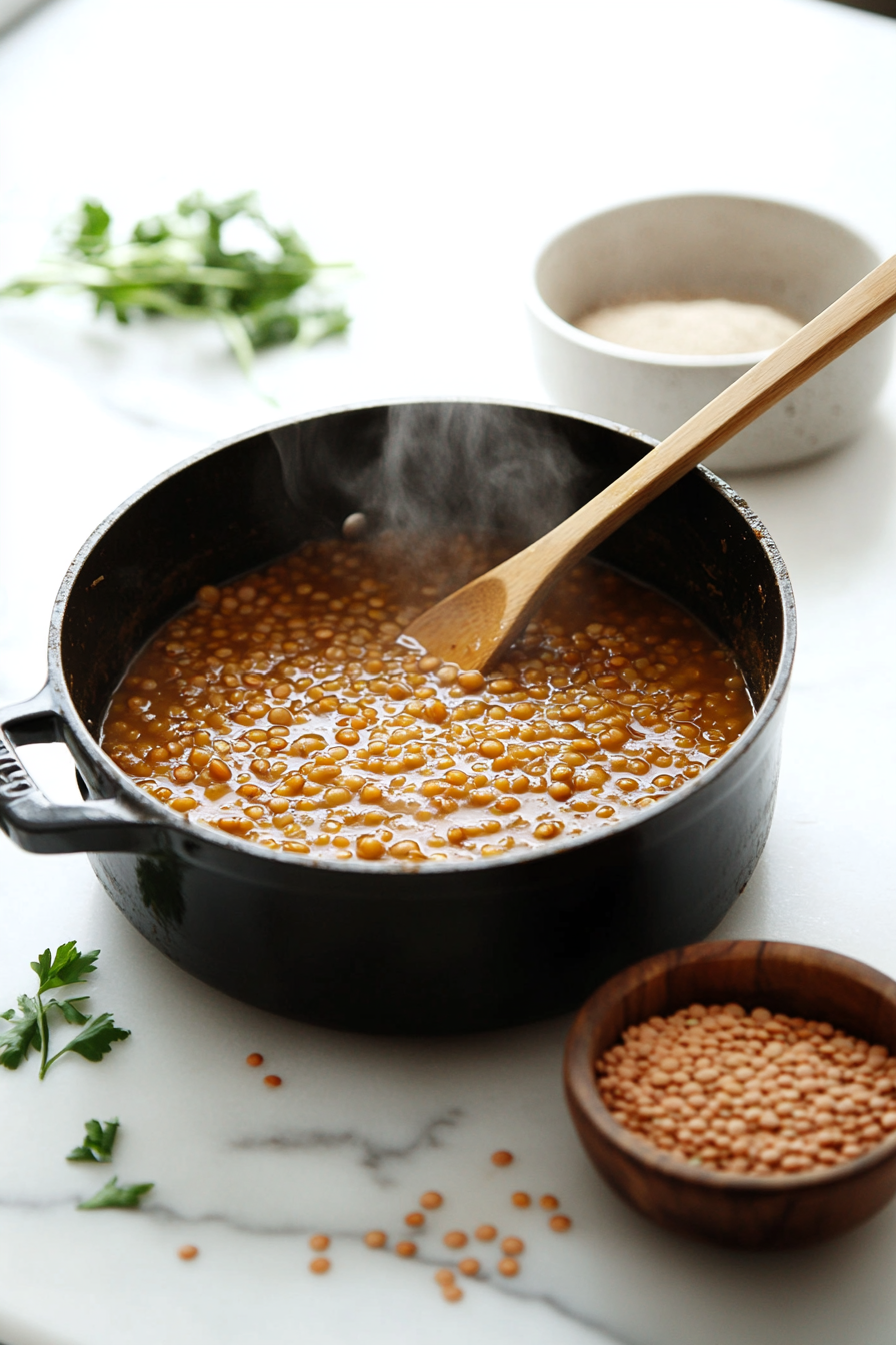 A medium-sized saucepan on a white marble cooktop filled with lentils simmering in water or vegetable stock. Steam rises gently as the lentils cook to softness.