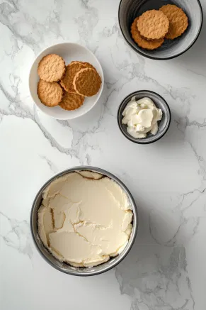 A springform tin rests on a white marble cooktop, with a mixture of crushed Biscoff biscuits and melted butter pressed firmly into the base to form an even layer. The tin is ready to be placed in the fridge, where the crust will chill and set.