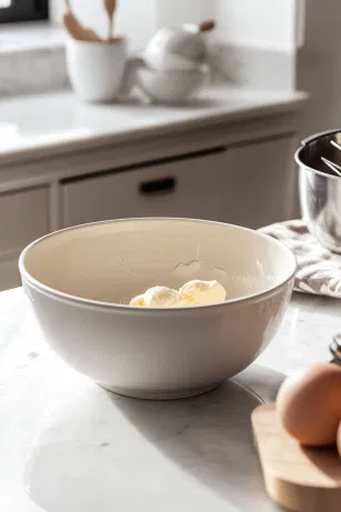 A large mixing bowl on the white marble cooktop holds softened butter and light brown sugar being creamed together with a hand mixer until light and fluffy. An egg is added and fully beaten in, making the batter rich and smooth.