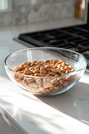 A large glass bowl placed on the white marble cooktop is filled with dried Great Northern beans submerged in cool water, covered by several inches of water for an overnight soak.