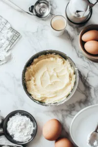 A 9-inch cake tin sits on the white marble cooktop, greased with cooking spray and lined with a round piece of parchment paper at the bottom, ready to receive the cake batter.