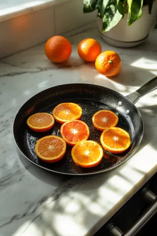 Thick orange segments brushed with sunflower oil on a white marble cooktop, being charred in a hot pan for 1-2 minutes per side, creating a caramelized, aromatic garnish for the Negroni.