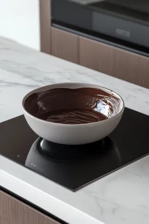 A heatproof bowl on the white marble countertop with thickened cream and dark chocolate melted together and stirred into a smooth ganache.