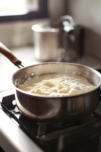 A saucepan on the white marble cooktop holds milk, sugar, butter, salt, and water, all heated until boiling. Flour is added to form a thick dough, which is stirred for 2-3 minutes over heat until smooth and cohesive, preparing it for the next steps.