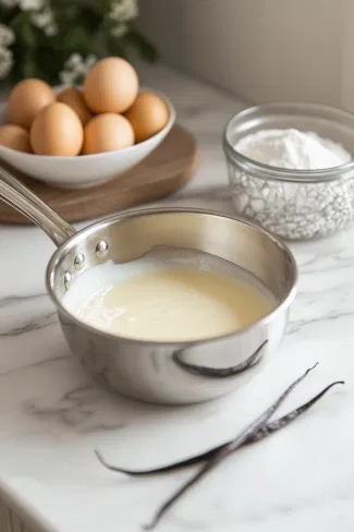 A saucepan sits on the white marble cooktop, warming 500 ml of whole milk. Nearby, a mixing bowl holds a smooth, pale mixture of egg yolks, vanilla bean paste, caster sugar, and cornflour, ready to be combined with the hot milk to create the crème mousseline.