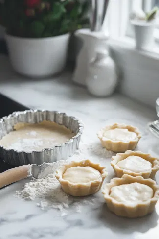 Store-bought pie crust being rolled out on a floured white marble countertop, with a 4½-inch cookie cutter cutting out circles for mini tart pans.