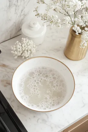 A stand mixer bowl sits on the white marble cooktop filled with warm water and yeast. The bowl is covered, allowing the yeast to activate, with small bubbles forming on the surface after 5 minutes.