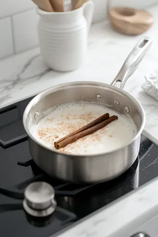 A saucepan on the white marble cooktop holds a creamy mixture with vanilla extract, a cinnamon stick, and a sprinkling of grated nutmeg. The liquid is beginning to steam gently, just approaching a simmer, with the lid nearby, ready to cover for an hour-long infusion.