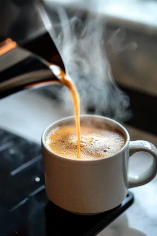 A shot of steaming espresso is being poured into a mug on the white marble cooktop. The deep, rich brown liquid forms the base of this creamy drink.