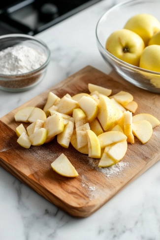 Granny Smith apples are being peeled, cored, and sliced into thin pieces on a wooden cutting board over the white marble cooktop. Nearby, a glass bowl contains the apple slices, which are being tossed with granulated sugar, flour, lemon juice, cinnamon, and nutmeg.