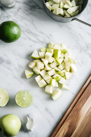 Diced apples and freshly squeezed lime juice on the white marble countertop, prepared to enhance the chilled chicha.