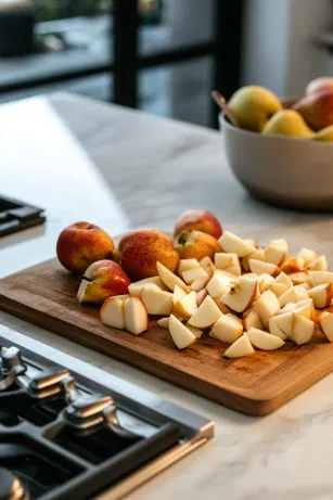 A wooden cutting board on a white marble cooktop, holding peeled, cored, and chopped chunks of apples and pears, ready for cooking with festive ingredients.